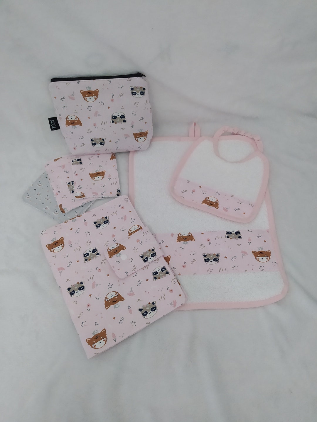 Birth Set. Diapers and Wipes Holder. Embroidered Bib, Nappy Holder With