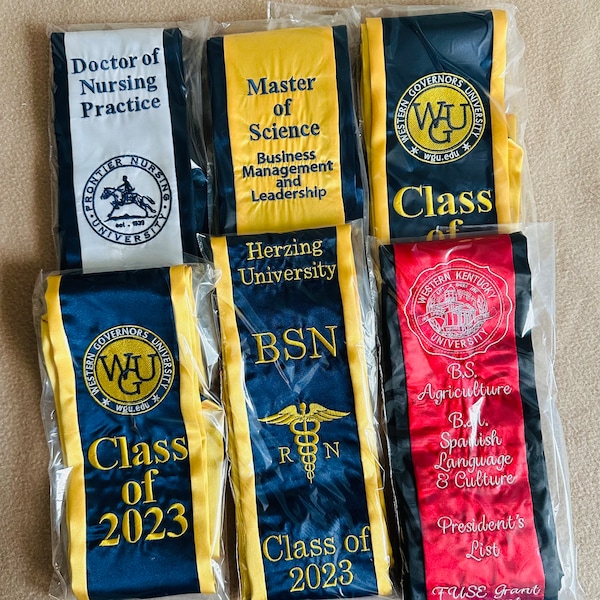 A Custom Satin Graduation Sash - EMBROIDERY Stoles - Graduation Gifts -Satin Grad Stoles, Class of 2023 or 2024