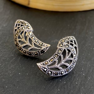 Bohemian 925 Sterling Silver Stud Earrings: Marcasite Crescent Jewelry