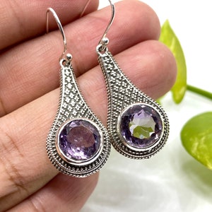 Natural Amethyst Round Stone Solid 925 Silver Earrings for Her with Oxidized Finish Dangle Earrings Boho  Anniversary Gift Women Jewelry