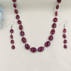 Handmade Ruby Necklace & Earrings Set: Silver Plated Brass, Indian Jewelry