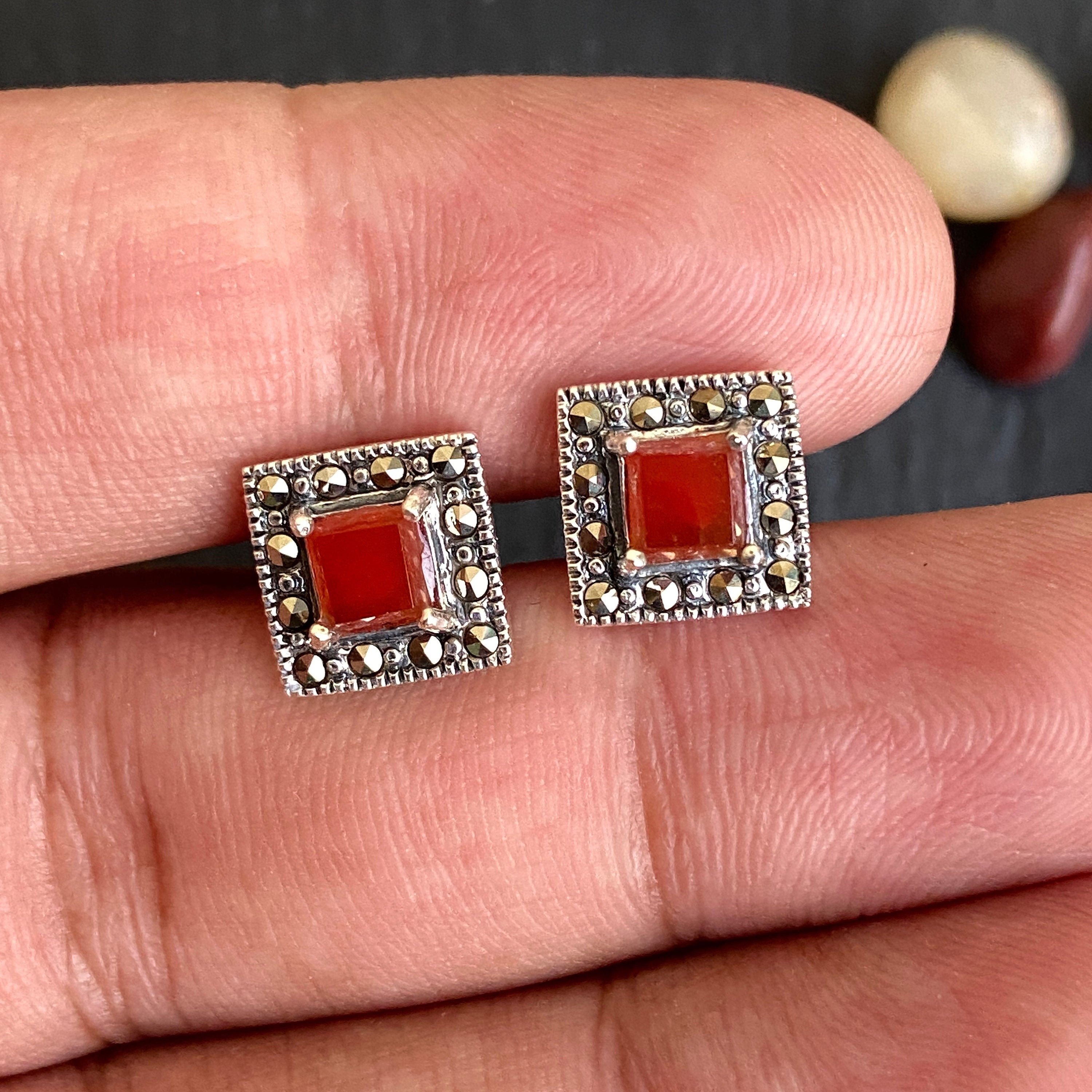 Red Stone Silver Earrings Modern Unique Design Sterling Etsy