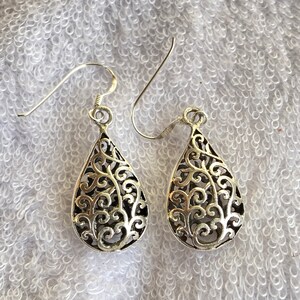 Sterling Silver Teardrop Dangle Earrings: Filigree Design