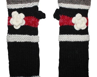 Chauffe-bras en laine - poignets tricotés - noir avec fleurs et rayures - chauffe-poignets avec polaire