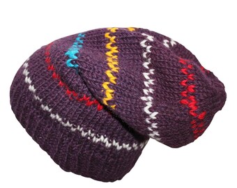 Oversized wool hat - purple - multicoloured - warm knit hat - long size hat