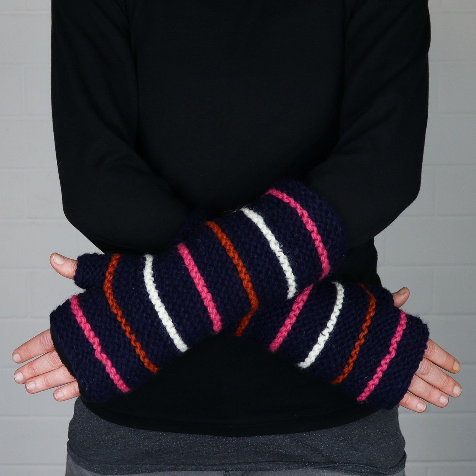 Arm Warmers Made of Wool Knitted Cuffs Bluenavy With Stripes Wrist