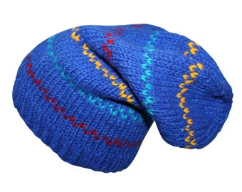 Oversized wool hat - dark blue - multicoloured - warm knit hat - long size hat