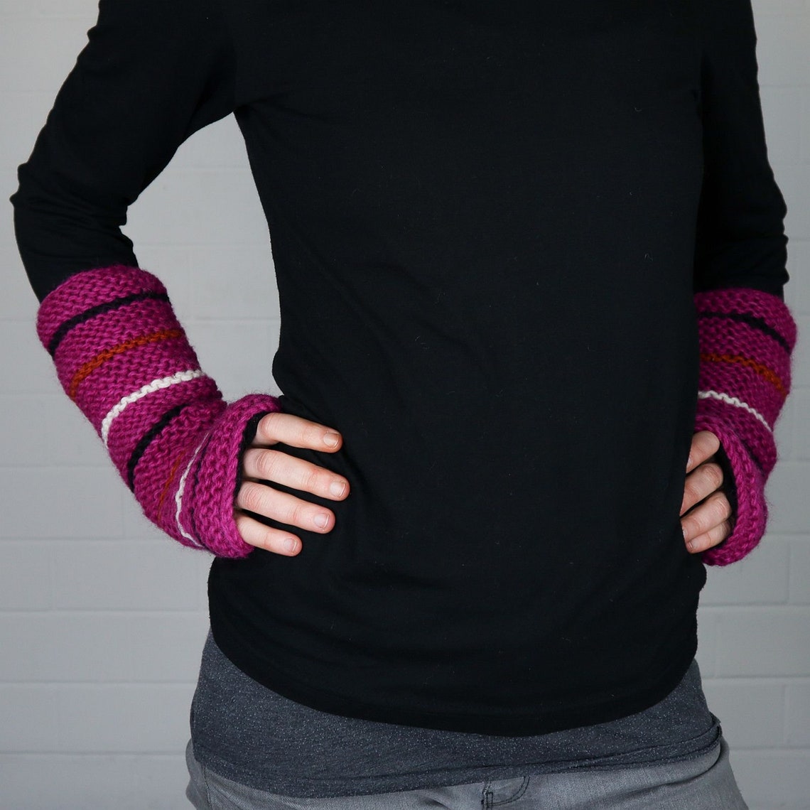Arm Warmers Made of Wool Knitted Cuffs Pink With Stripes Wrist Warmers