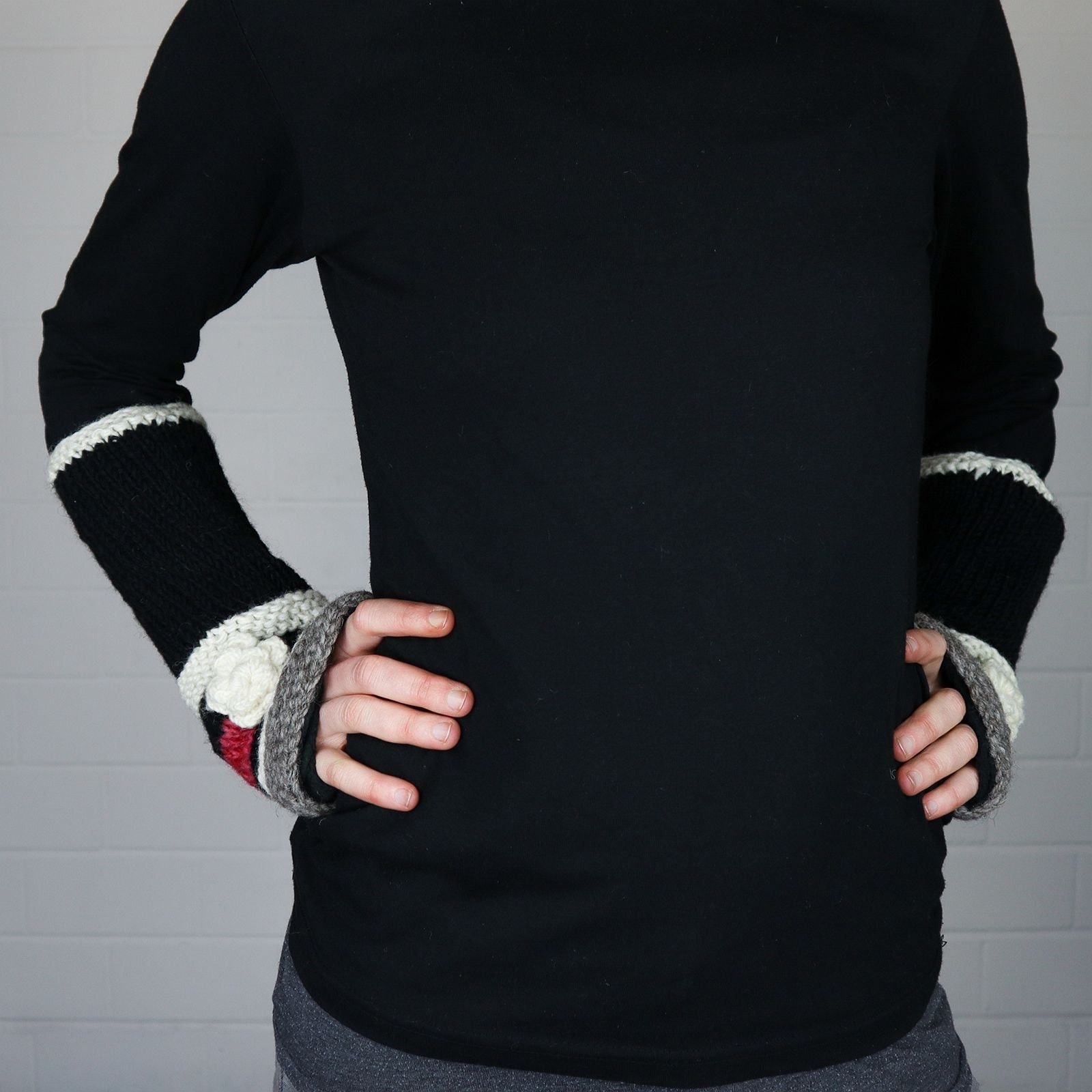 Arm Warmers Made of Wool Knitted Cuffs Black With Flowers and Stripes