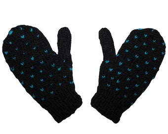 Wool mittens - knitted gloves - black with pattern - mittens with fleece