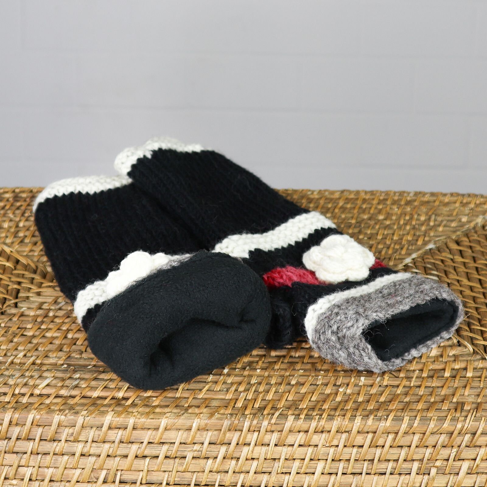 Arm Warmers Made of Wool Knitted Cuffs Black With Flowers and Stripes