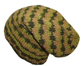 Oversized wool hat - green - brown - warm knit hat - long size hat