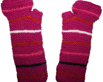 Arm warmers made of wool - knitted cuffs - pink with stripes - wrist warmers with fleece