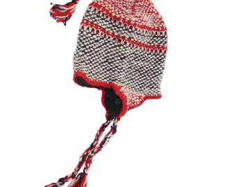 Wool hat - knitted hat - cords and ear flaps - black-red