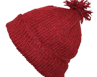 Wool hat with bobble - red - warm knitted hat - bobble hat