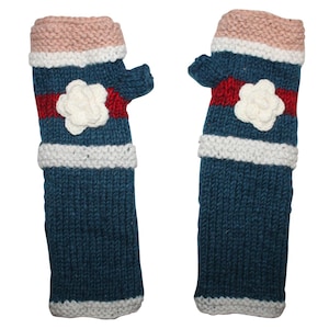 Woolen arm warmers - knitted arm warmers - blue with flower and stripes - wrist warmers with fleece