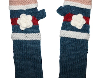 Chauffe-bras en laine - poignets tricotés - bleu avec fleurs et rayures - chauffe-poignets avec polaire