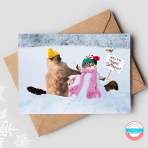Chats Ragdoll drôles dans la neige carte de voeux festive de Noël pour les amoureux des chats | Scène enneigée hivernale fantaisiste avec bonhomme de neige chat