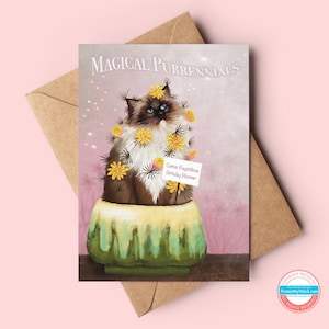 Carte d'anniversaire d'amants de chat Ragdoll | Félin fantastique | Produits botaniques magiques | Chat mignon succulent | Amateur de plantes | Carte Dame aux chats
