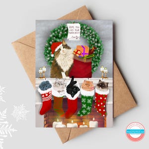 Carte de Noël de chats mignons en bas | Salutations festives pour les amoureux des chats | Joyeux Noël | Pattes de père Noël