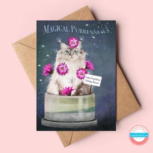 Carte d'anniversaire d'amants de chat Ragdoll | Anniversaire amoureux des chats | Produits botaniques magiques | Félin fantastique | Amateur de plantes | Carte Dame aux chats