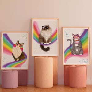 May include: Three framed prints of cats sitting on rainbows. Each cat is wearing a different accessory. The cat on the left is wearing a rainbow-colored headband, the cat in the middle is wearing a bow, and the cat on the right is wearing sunglasses and a bow tie.