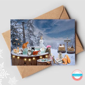 Verschneite Winterszene mit Katzen, die sich im Hot Pot entspannen, Selbstpflegehinweis, Freundschaftskarte, be Art, Retreat Invite, Spa