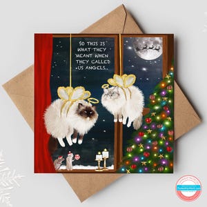 Carte de Noël festive d'anges chat Ragdoll | Scène de fenêtre enneigée pour les amoureux des chats | Joyeux Noël carte de vœux | Illustration de chat ragdoll