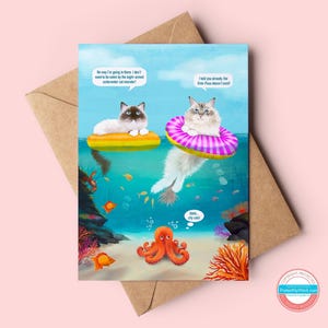 Profitez de votre carte de voeux de chat des fêtes avec une scène sous-marine tropicale et une pieuvre | Art amoureux des chats | Cadeau chat Ragdoll | Période de vacances