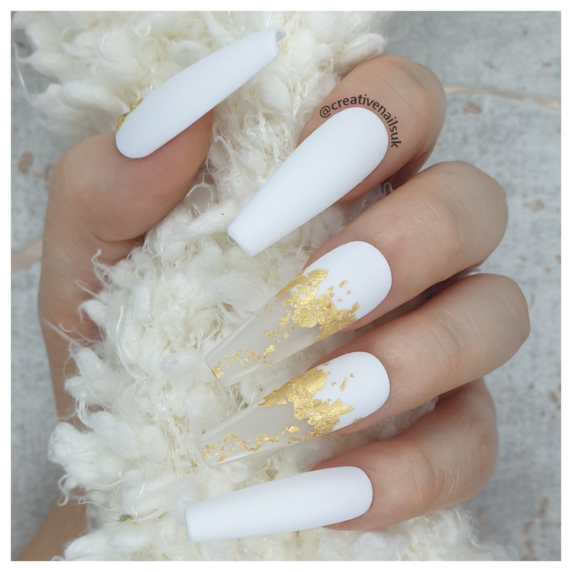 Matte White & Gold False Nails Press on False Nails White Etsy UK