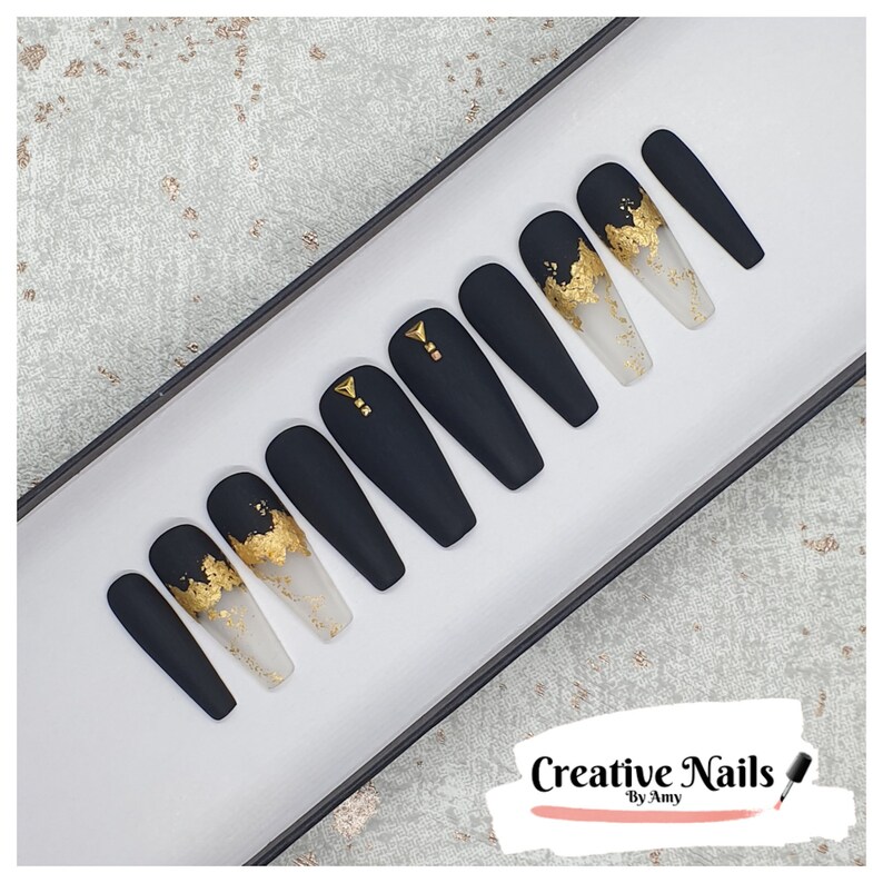 Matte Black & Gold False Nails | Press On False Nails | Black False Nails | Gold Foil Nails | Glue On Nails | Hand Painted Nails | Gel Nails 