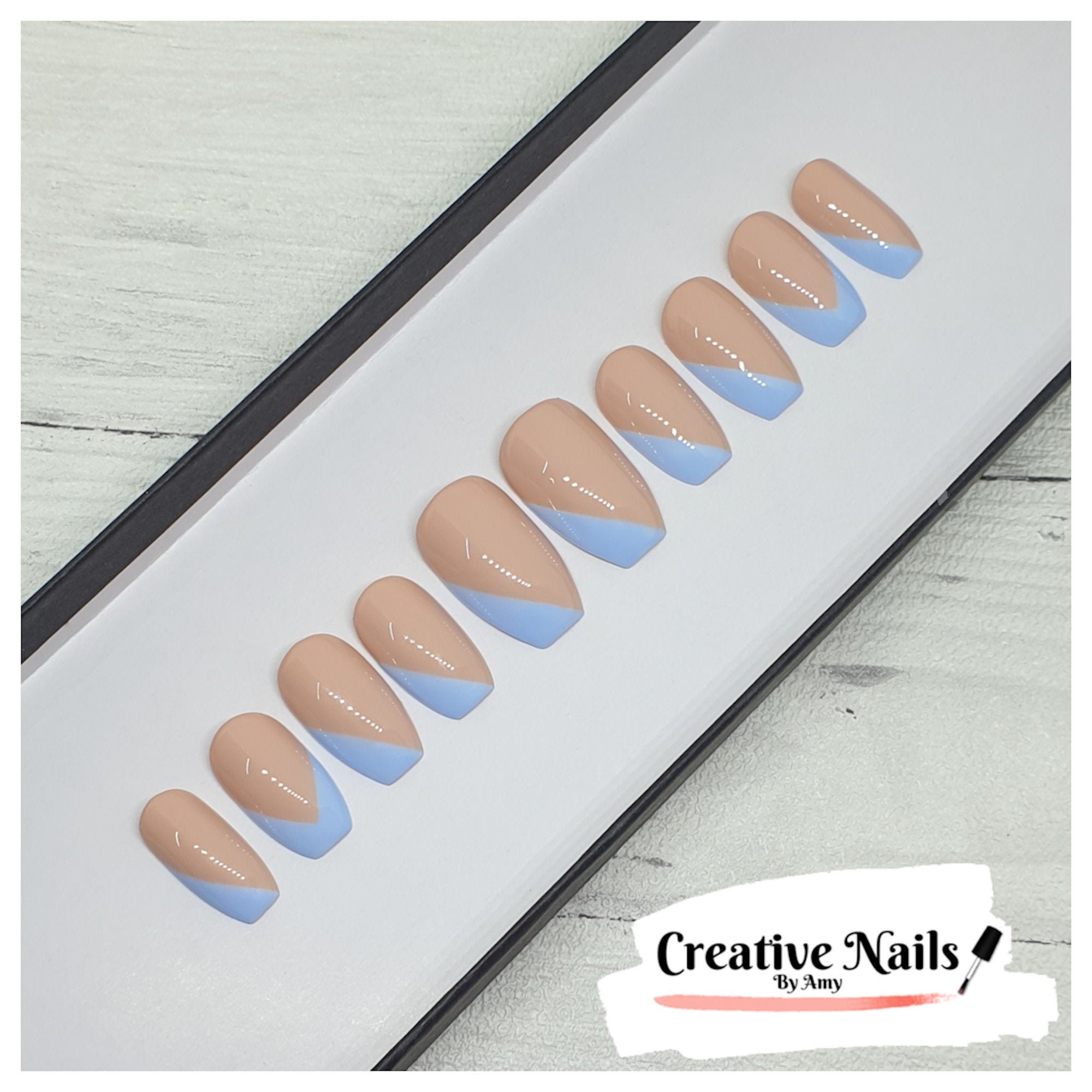 Light Blue Striped French V Tip False Nails Press On False Etsy