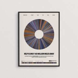 May include: A black and white poster with a circular graphic of colored lines. The text "HELP IS ONLY 140 MILLION MILES AWAY" is printed below the graphic.