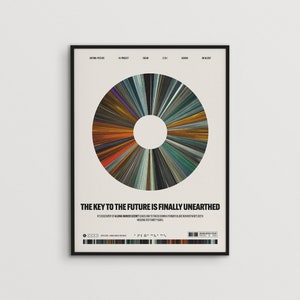Könnte beinhalten: Ein schwarz-weißes Poster mit einem Kreis in der Mitte, der in Abschnitte mit verschiedenen Farben unterteilt ist. Der Text "THE KEY TO THE FUTURE IS FINALLY UNEARTHED" befindet sich unter dem Kreis. Der Text "#3 DISCOVERY OF ALIEN-MADE SECRET TUNNEL USED TO TRACK DOWN A FORMER SLAVE RUNNER WHO'S BEEN MISSING FOR THIRTY YEARS." befindet sich unter dem Text.