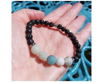 Hot flash relief bracelet, menopause gift for mum, 8mm amazonite cooling stones, black lava beads, stretchy bracelet for meno help