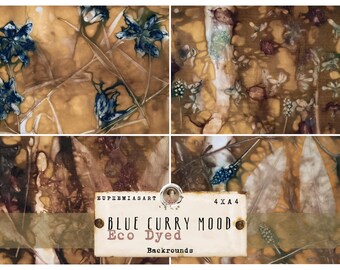Eco Dyed Grunge BLUE CURRY MOOD, fundos, papéis tingidos à mão com plantas, páginas de diário de lixo -DinA4