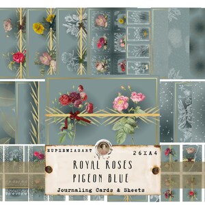 Royal Roses PIGEON BLUE, Junk Journal Pages, 26 Sheets, Scrapbooking, Digital Download, DIN A4