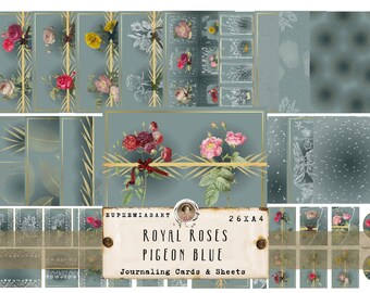 Royal Roses PIGEON BLUE, Páginas de diário de lixo, 26 folhas, Scrapbooking, Download digital, DIN A4