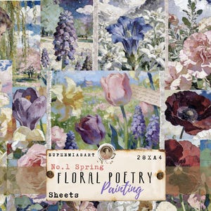 Könnte beinhalten: Eine Collage aus Blumenmalereien mit verschiedenen Frühlingsblumen, darunter Tulpen, Narzissen und Hyazinthen. Das Kunstwerk enthält ein Frauenporträt und den Text "No. 1 Spring Floral Poetry Painting Sheets" mit 71 x 10 cm.