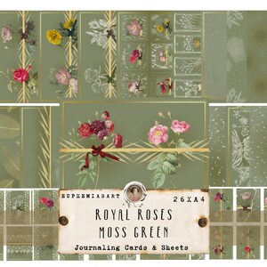Könnte beinhalten: Ein Set mit 26 Journaling-Karten und -Blättern mit einem floralen Design mit Rosen und einem moosgrünen Hintergrund. Der Text "Royal Roses Moss Green" ist auf einem weißen Etikett gedruckt.