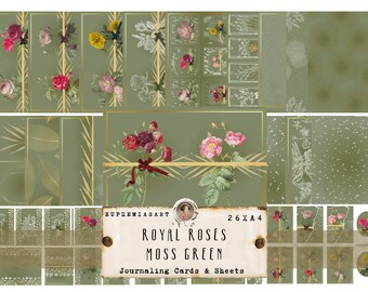 Royal Roses MOSS GREEN, Junk Journal Pages, 26 folhas, Scrapbooking, Download digital, DIN A4