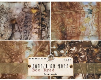 Eco Tingido Grunge DANDELION-MOOD, fundos, dentes-de-leão, papéis tingidos à mão com plantas, páginas de diário de lixo -DIN A4