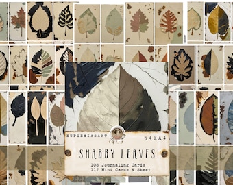 Shabby Leaves, Cartões de Diário para Imprimir, Mini Cartões e Folhas, Botânica, Efêmeras, Enfeites, Download Digital, DIN A4