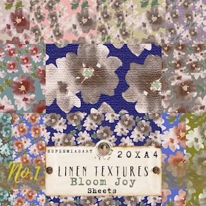Könnte beinhalten: Eine Sammlung digitaler Papierbögen mit verschiedenen Blumenmustern und Leinenstruktur. Der Text auf dem Etikett lautet: EUPHEMIASART 20 X A 4 No.1 LINEN TEXTURES Bloom Joy Sheets. Die Designs zeigen verschiedene Farbpaletten, darunter Blau, Grün, Braun und Violett.
