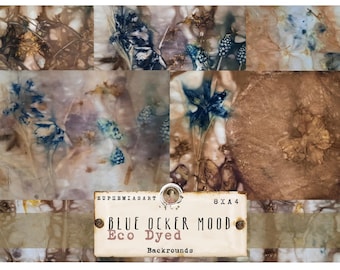 Eco Dyed Grunge BLUE OCKER MOOD, fundos, papéis tingidos à mão com plantas, páginas de diário de lixo -DinA4
