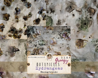 Grungy Botanical Hydrangeas, Backgrounds, handgefärbte Papiere m. Pflanzen, Junk Journal,Art Journal Seiten, DinA4
