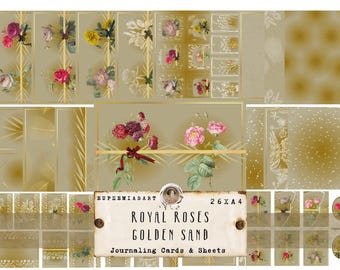 Royal Roses GOLDEN SAND, Páginas de diário de lixo, 26 folhas, Scrapbooking, Download digital, DIN A4