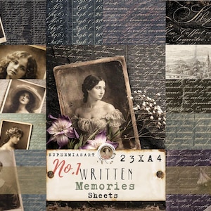 Könnte beinhalten: Ein digitales Collage-Blatt mit Porträts im Vintage-Stil, handschriftlichen Texten und floralen Akzenten. Das zentrale Etikett zeigt den Text EUPHEMIASART 23 XA 4 No.1 WRITTEN MEMORIES Sheets, umgeben von sepiafarbenen Fotografien und dunklen Texturen.