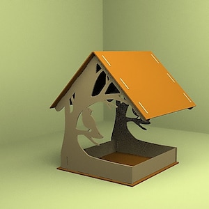 May include: A wooden bird feeder shaped like a house with a brown roof and a cutout design of a tree with branches. The feeder has a rectangular tray for birdseed.