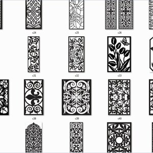 May include: A collection of 28 black and white laser cut designs for decorative screens, panels, or stencils. The designs feature geometric, floral, and abstract patterns.